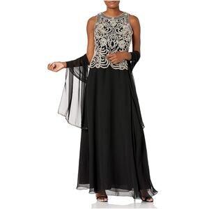 JKARA Evening Gown Dress Women Size 10 Black Champagne Beaded Formal Elegant